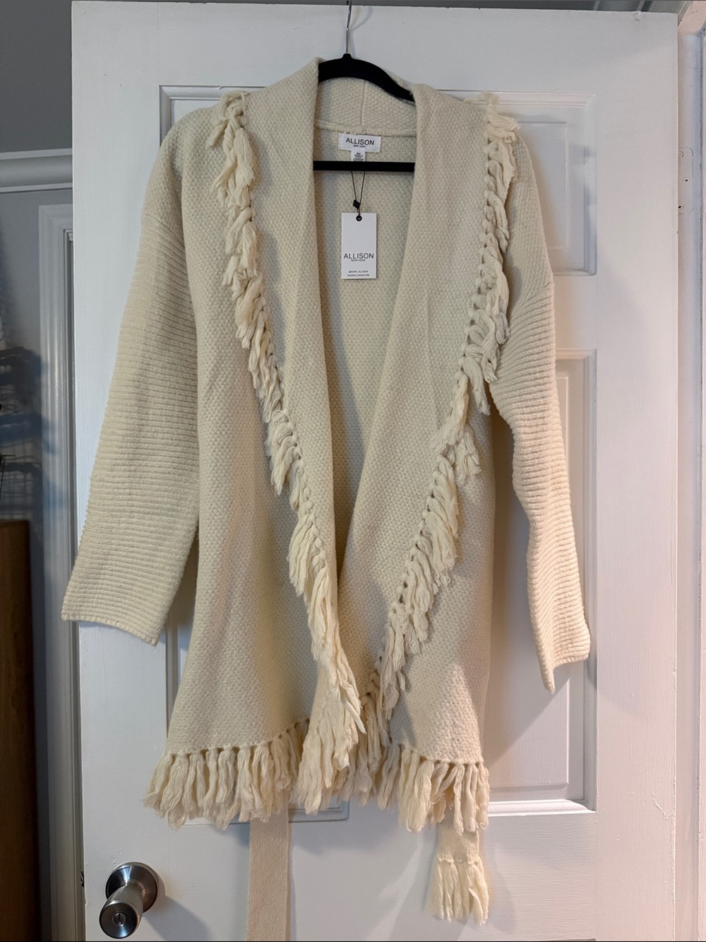 Allison New York- Cream Fringe Open-Front Women's Sweater